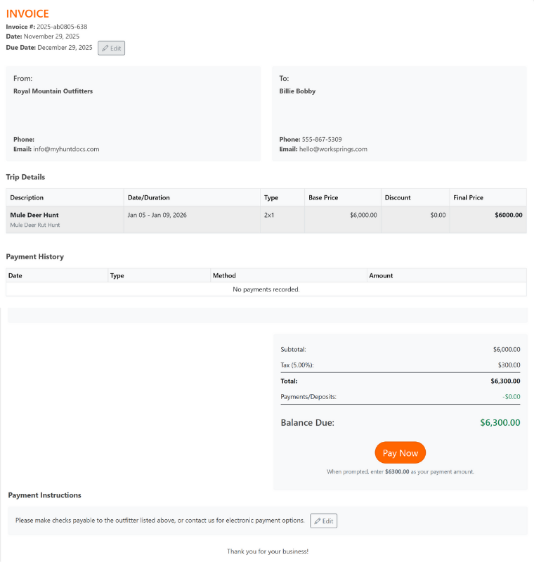 Invoice created in HuntDocs